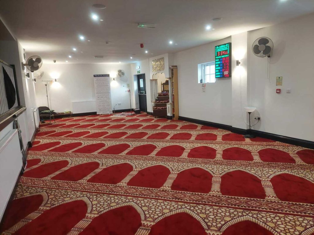 Interior of the prayer hall at Colchester Central Mosque